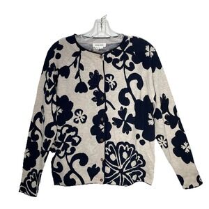White Stuff Floral Cardigan Sweater Navy Blue Beige Organic Cotton Womens US 10